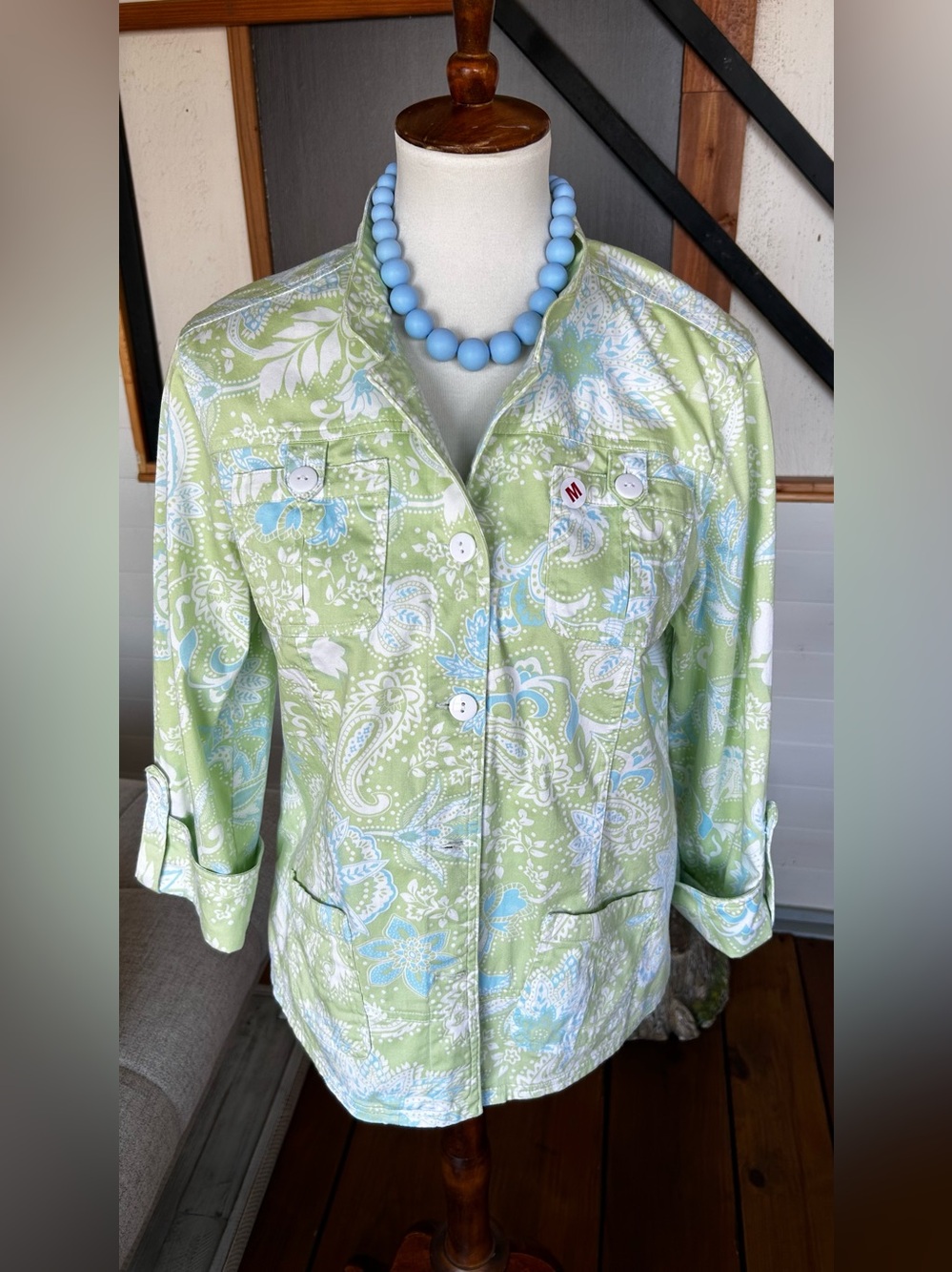 NorthStyle Green Blue Paisley Cotton Stretch Utility Jacket Size M New